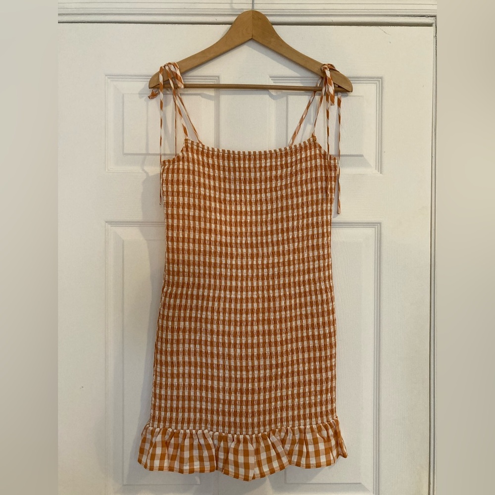 Reformation Gemini mini dress - orange & white check, size L